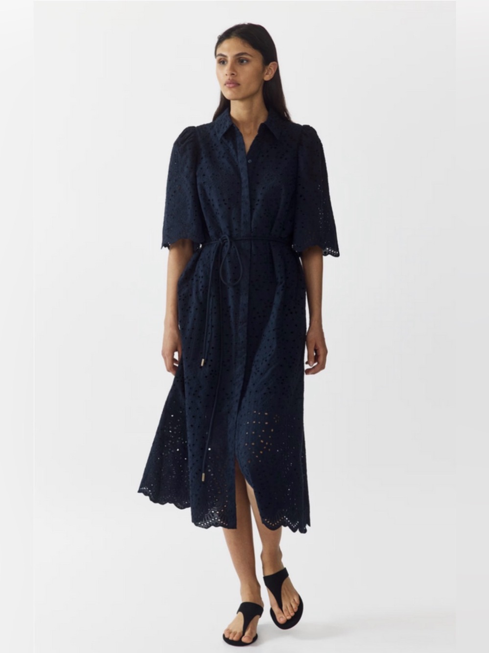 H&M Navy Eyelet Midi Shirt Dress with Tie Belt